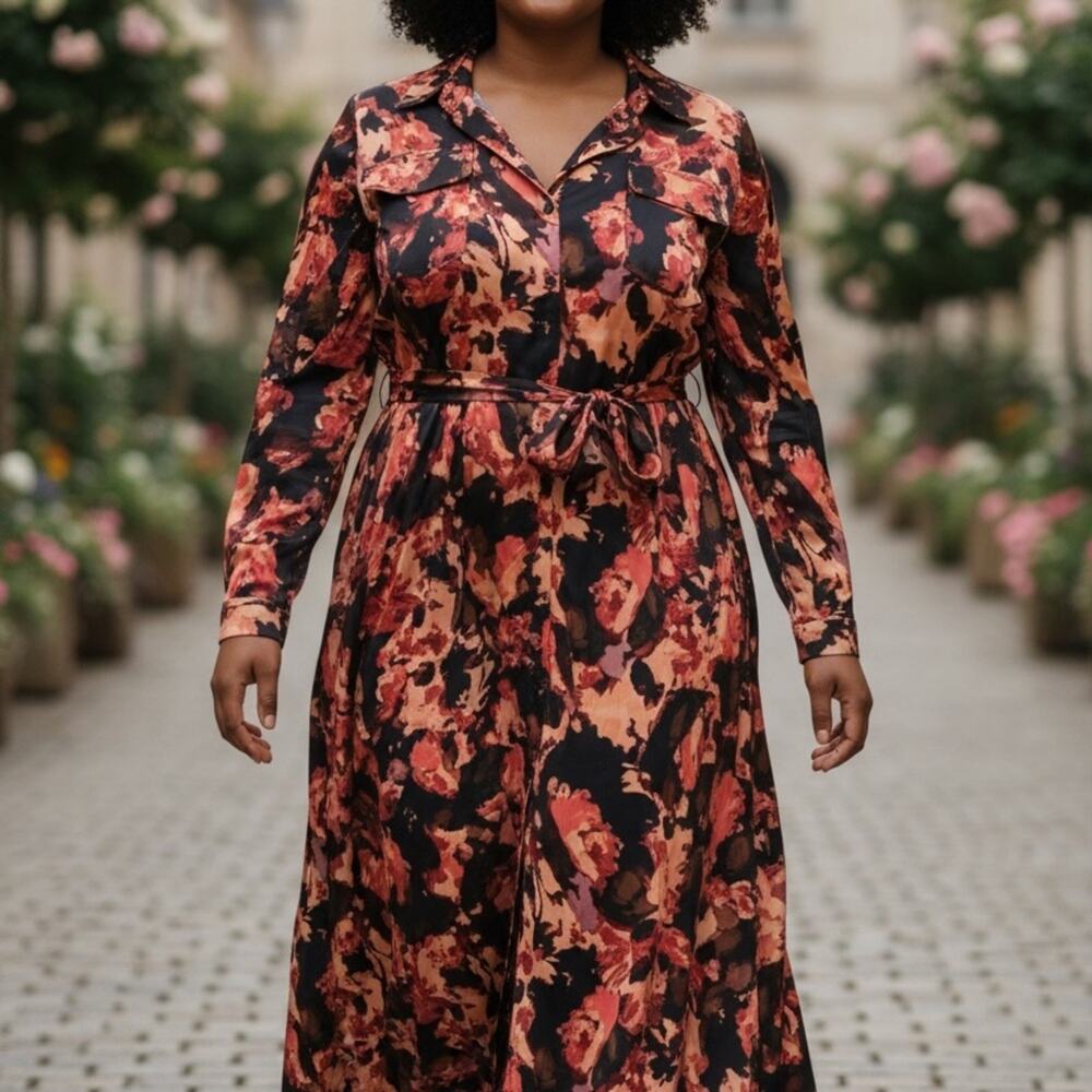 Nine West Red and Black Floral Long Sleeve Dress